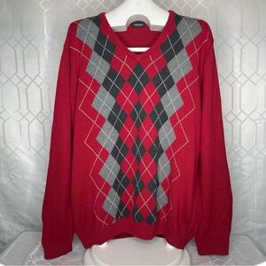 Van Heusen Studio Argyle V-Neck Red & Grey 100% Cotton Sweater XL